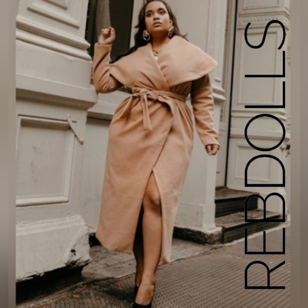 REBDOLLS Classic Waterfall Wide Collar Tie Belt Snap Close Nude Coat NWT Size 1X